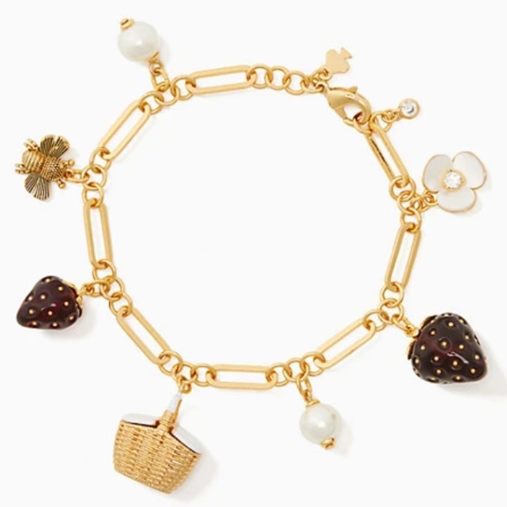 KATE SPADE Picnic Perfect Strawberry Bee CHARM BRACELET! Gold Summer Cute NWT